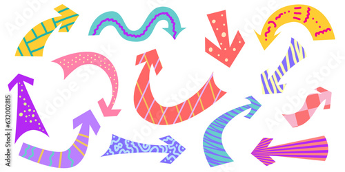 Arrow playful colorful set. Quirky various arrow for kids and funny design. Vector illustration. Playful cool element. Trendy simple illustration.