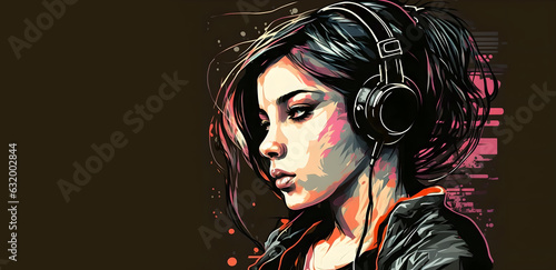 Pop art music. Tranquil woman. Cartoon illustration. Retro picture of profile female in headphones with colorful painting strokes overlay on dark background.