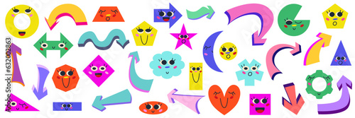 Figure character shape set for math education with playful arrow. Cute smile character geometric for child learn. Figure math with emoji face for kindergarten game. Vector cartoon illustration design