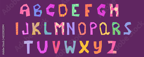 Font funky alphabet for kids. Playful font childich design. Cute letter funky type. Cartoon vector illustration. Happy comic bold style