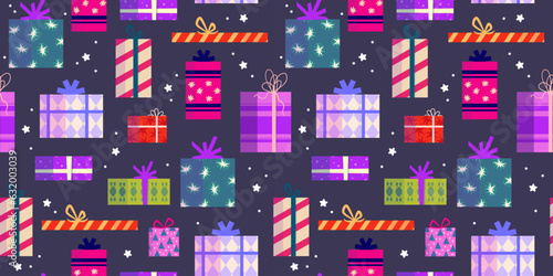 Christmas gift stack seamless pattern. Present box for holiday. Bright seamless pattern for present paper. Cartoon vector illustration. Christmas box.