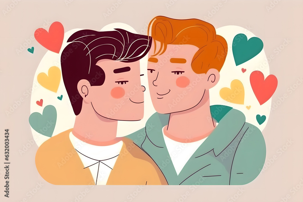 Gay feelings. Male love. Cartoon illustration. Graphic art with two happy men on colorful hearts design white beige background. Gay feelings. Male love. Cartoon illustration. Graphic art with two happy men on colorful hearts design white beige background.