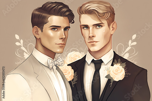 Lgbtqia wedding. Male couple. Cartoon character. Creative illustration with two gay men in bridegroom suit flower buttonhole on beige background.