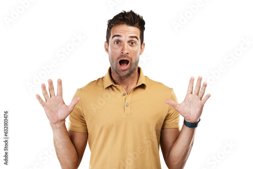 Isolated man, surprise face and portrait with shock for deal, news or announcement by transparent png background. Guy, fashion model and wow with hands in air for gossip, notification or information photo
