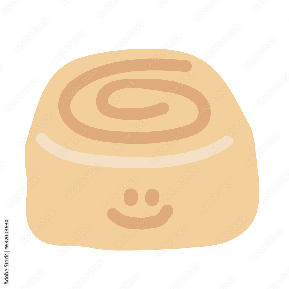 Fototapeta premium Illustration of happy cinnamon roll for sweet dessert, cafe, restaurant, breakfast, lunch, brunch, grocery shopping, American fast food, back to school, baking book, recipe, pastry, bakery, png, vegan