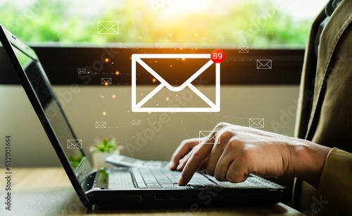 Fototapeta Naklejka Na Ścianę i Meble -  Email marketing concept, Business people use email to promote products or services. online marketing strategy that reach target customers, email newsletter, checking message box, information online.