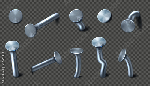Metal nails. Drive pin in wall with hammer. 3D iron spike. Curved steel sticks. Old hardware. Realistic metallic head. Building tools. Industrial elements. Vector carpentry objects set