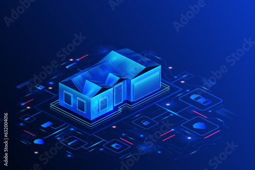 Smart home technology. Building IOT banner. Automated house by internet network. Security and appliance management system. Architecture automation control infographic. Vector background