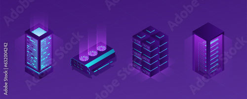Isometric data center. Crypto server. Tech blockchain video database. Cloud mining technology. Computing hardware. Electronic processor and cooler. Glowing computer equipment vector set