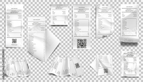 Realistic bill page. Paper receipt. Supermarket purchase invoice. Shop cheque. 3D check sheets with prices. Payment register from market or restaurant. Vector financial documents set
