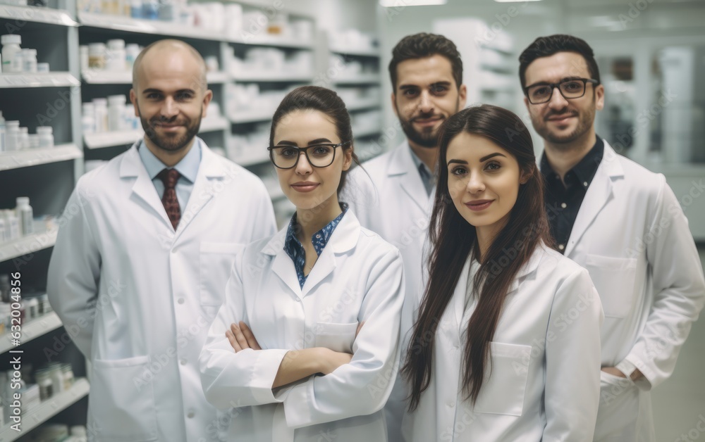 Group of pharmacists standing together in a chemist
