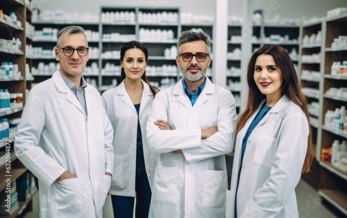Group of pharmacists standing together in a chemist