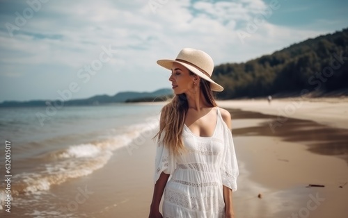 Happy traveller woman in white dress and hat standing on beautiful tropical sandy beach