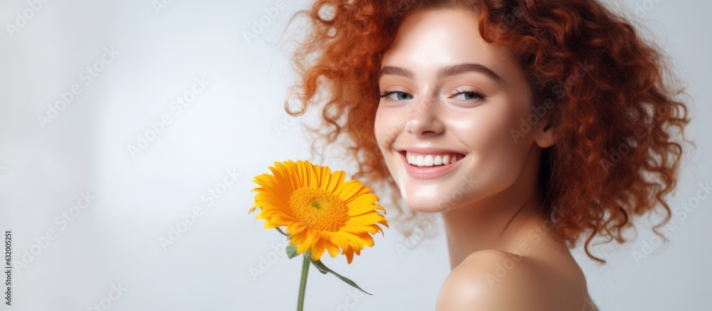 Smile women with flower. white light background