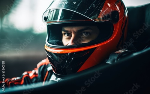 Racer in a helmet driving a car on the track