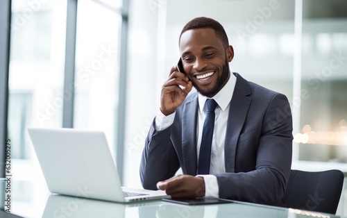 Smiling businessman writing notes during a phone call in white room
