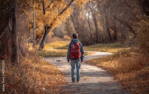 Teenager boy with backpack walking on path in autumn park, rear view