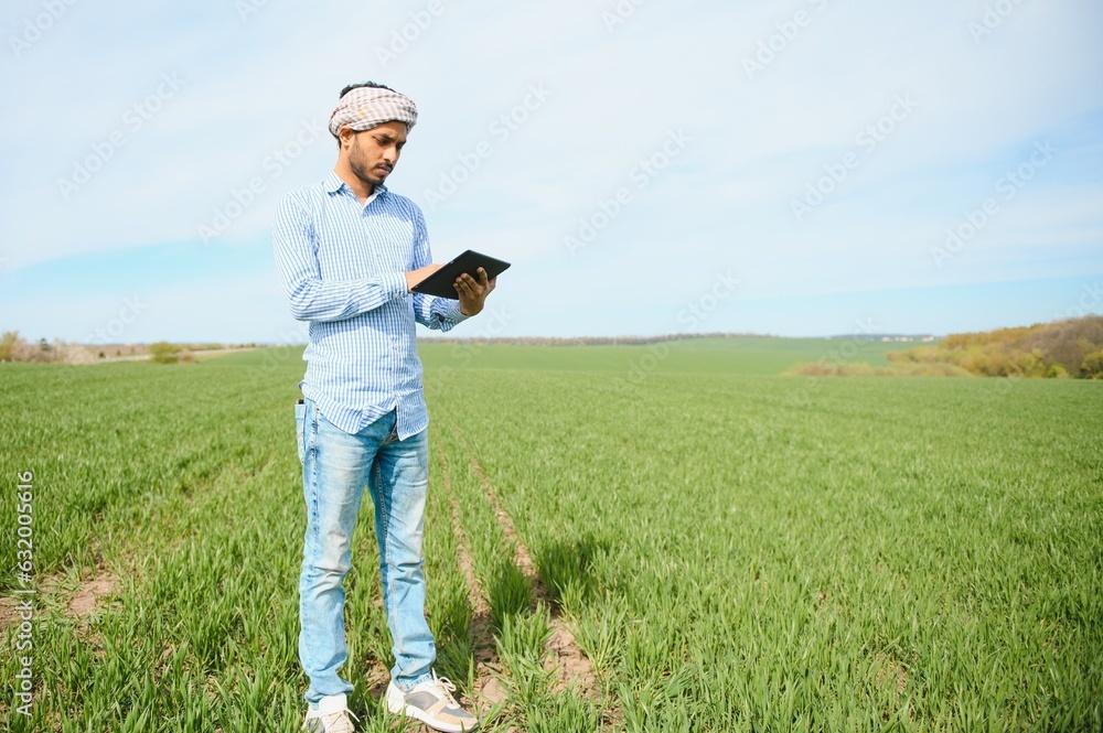 Obraz premium worry less ,indian farmer standing in his healthy wheat field