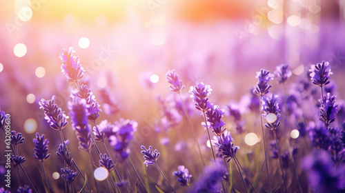 Beautiful lavender field with sunlight and beauty bokeh effect on blur background. Purple flowers garden nature landscape. Generative AI