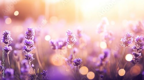 Beautiful lavender field with sunlight and beauty bokeh effect on blur background. Purple flowers garden nature landscape. Generative AI