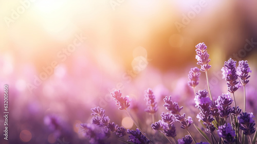 Beautiful lavender field with sunlight and beauty bokeh effect on blur background. Purple flowers garden nature landscape. Generative AI © ABC Vector