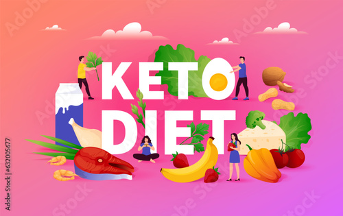 Keto diet. Meat and vegetables, milk and sea food, people eating low fat butter, fish and nuts, tiny men and women with big products. Ketogenic nutrition banner. Vector illustration concept