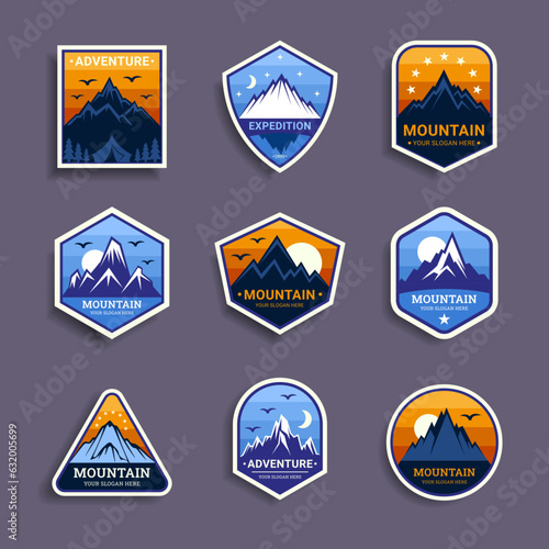 Mountain logo. Travel emblem. Camp colorful logotype, hiking badge, stickers for outdoor tourism, park label, nature explore. Extreme mountaineering, wildlife landscape. Vector design set