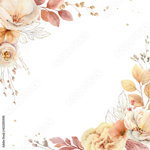 Watercolor vector fall foliage frame with soft light blush roses and leaves.