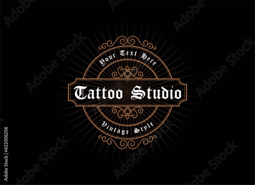 Vintage frame logo. Antique label. Suitable for tattoo studio, barber shop, whiskey label, wine, beer, brewing, salon, shop, signage.