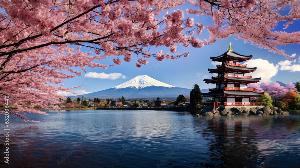 Obraz premium A landscape shot of a pagoda capturing mount fuji and japan's skyline in the background and cherry blossom