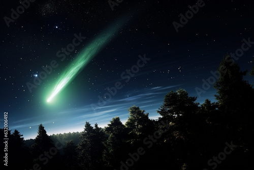 An image of a vibrant green comet streaking across the night sky, passing by Earth's orbit - Generative AI