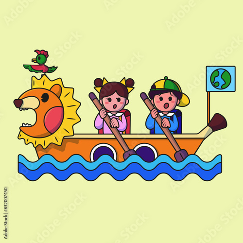 Cute boy and girl are sailing in a boat to school. children on the ship. Isolated people education icon concept Premium Vector. flat cartoon style