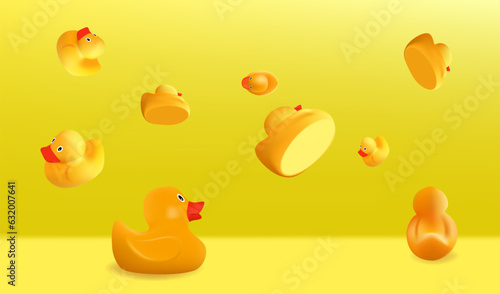 3d realistic rubber ducks in yellow room. Background with falling rubber ducks