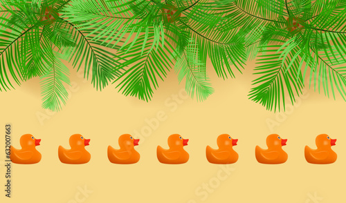 Summer beach layered background. Sandy beach background with palm trees and yellow rubber ducks