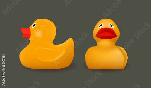 Yellow rubber ducks full face and profile. 3D realistic vector objects