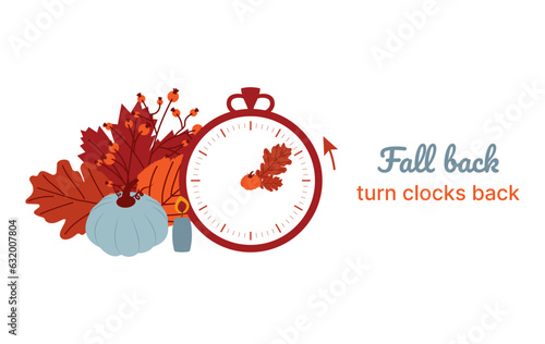 Clock switch to winter time. Daylight saving time ends. A clocks in a floral frame of autumn orange foliage and turning an hour back. Flat vector illustration.