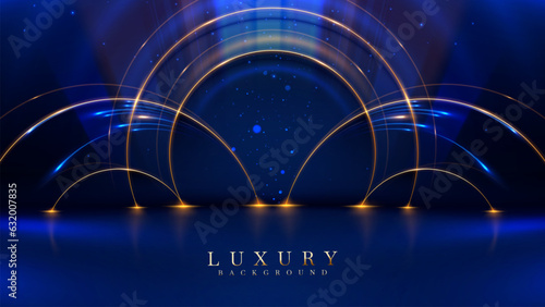 Abstract blue luxury modern art background with gold circle frame elements with empty space and glitter light effects decoration and bokeh.