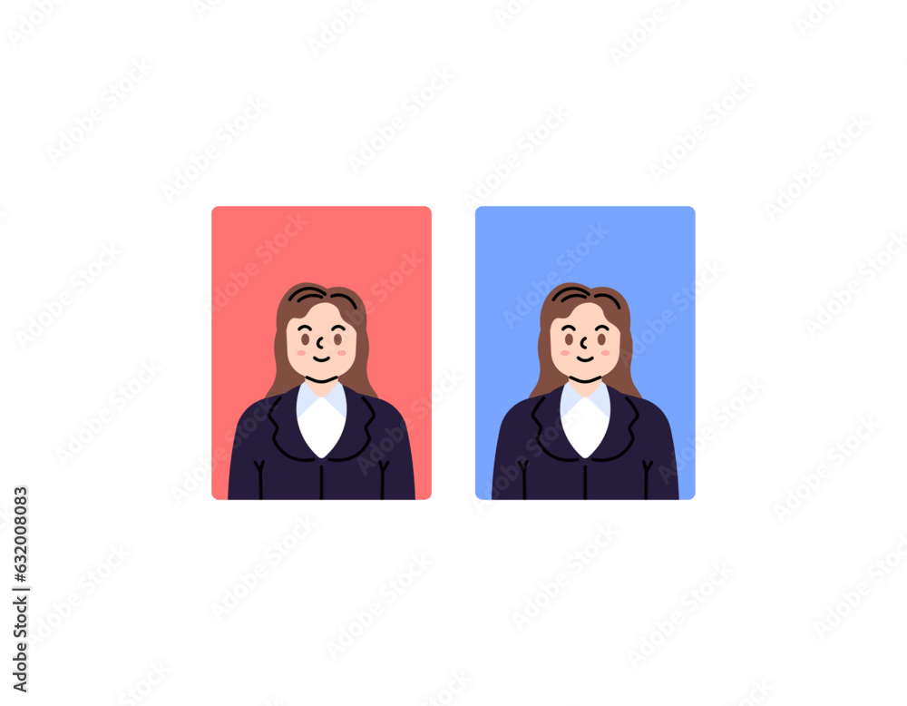 Passport photo. Photo illustration of a woman wearing formal attire with a red and blue background. beautiful and charming. wear a suit and tie. Flat and minimalist illustration design. vector element