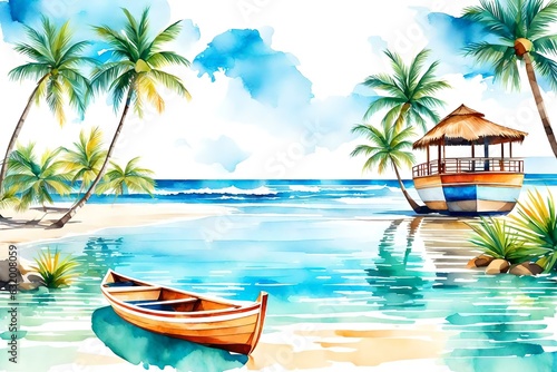 beach with palm trees and boat Created using generative AI tools © IMPRESSIVE 