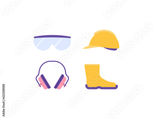 Earmuffs, goggles, safety helmets, safety boots. work safety equipment. Occupational health and safety personal protective equipment. protection from accidents. collection of symbols or icons