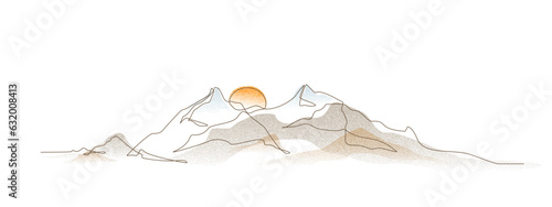 Mountain and sunset, sunrise. Continuous line drawing with dotwork grain, noise texture of landscape background. One single line drawing of mountain view. Stippled gradient mountain in dotwork style