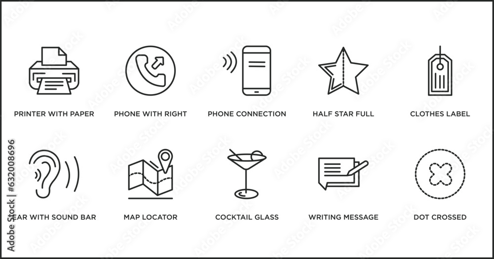 Fototapeta premium ultimate glyphicons outline icons set. thin line icons such as phone connection, half star full, clothes label, ear with sound bar, map locator, cocktail glass, writing message vector.