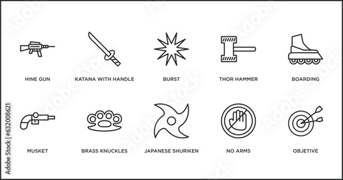 weapons outline icons set. thin line icons such as burst, thor hammer, boarding, musket, brass knuckles, japanese shuriken, no arms vector.