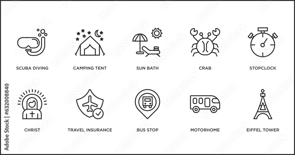 travel outline icons set. thin line icons such as sun bath, crab, stopclock, christ, travel insurance, bus stop, motorhome vector.