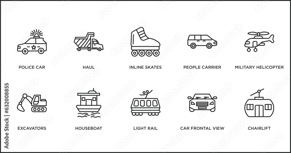 transportation outline icons set. thin line icons such as inline skates, people carrier, military helicopter, excavators, houseboat, light rail, car frontal view vector.