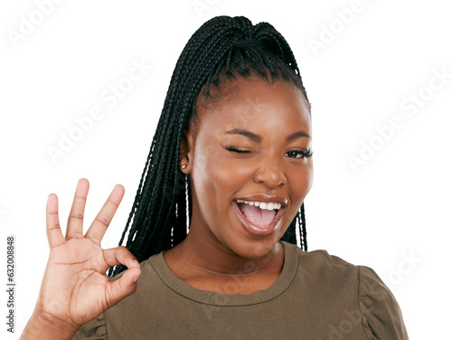 Canvastavla Wink, okay and smile with portrait of black woman on png for support, motivation and achievement