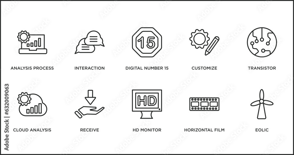 technology outline icons set. thin line icons such as digital number 15, customize, transistor, cloud analysis, receive, hd monitor, horizontal film strip vector.