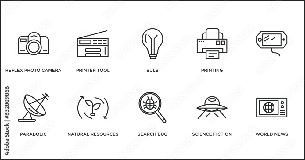 technology outline icons set. thin line icons such as bulb, printing, , parabolic, natural resources, search bug, science fiction vector. technology outline icons set. thin line icons such as bulb, printing, , parabolic, natural resources, search bug, science fiction vector.