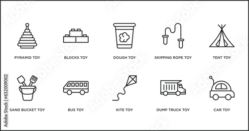 toys outline icons set. thin line icons such as dough toy, skipping rope toy, tent toy, sand bucket bus kite dump truck vector.