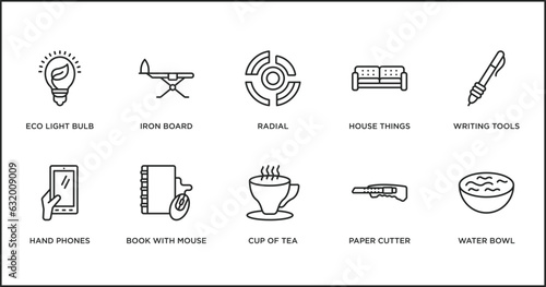 tools and utensils outline icons set. thin line icons such as radial, house things, writing tools, hand phones, book with mouse, cup of tea, paper cutter vector.